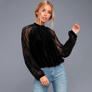 Free People Dream Team Black Velvet and Lace Top